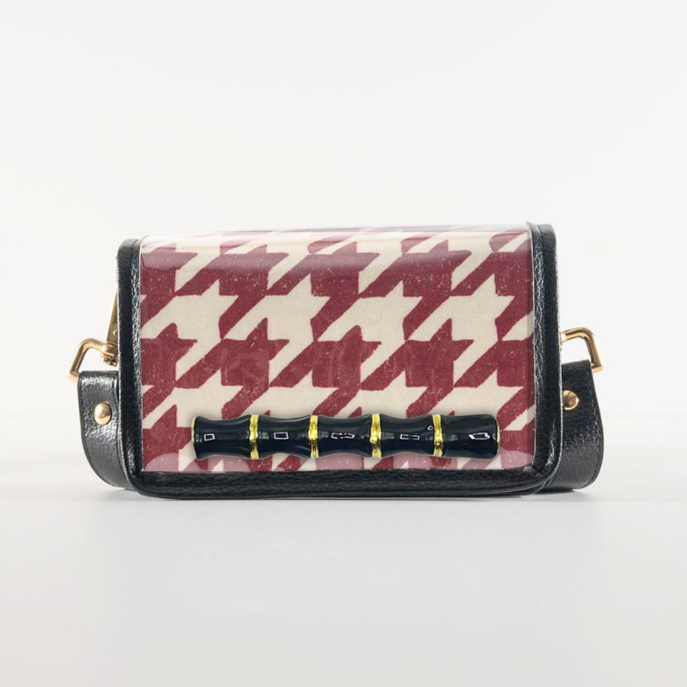 Petite Crimson Houndstooth Clear Stadium Bag with Black Bamboo Stick(black trim)