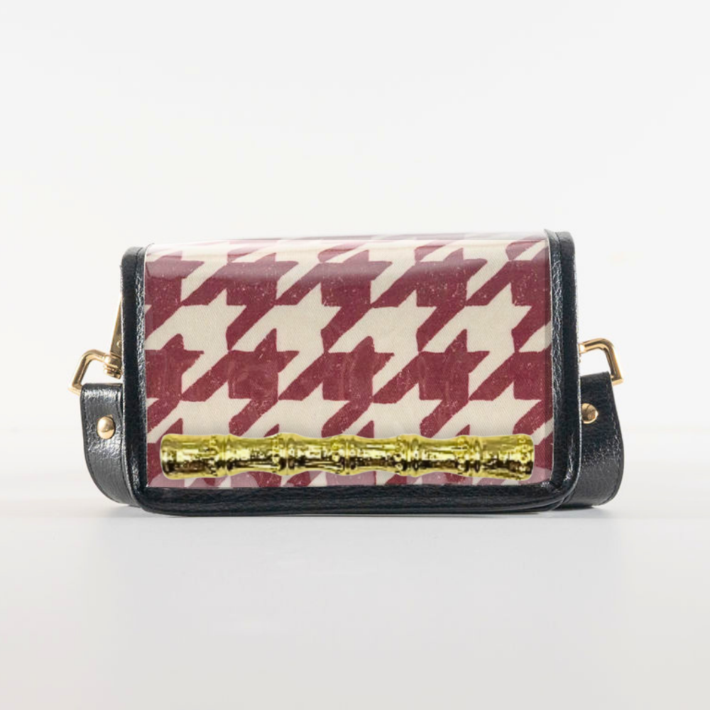 Petite Crimson Houndstooth Clear Stadium Bag with Gold Bamboo Stick(black trim)
