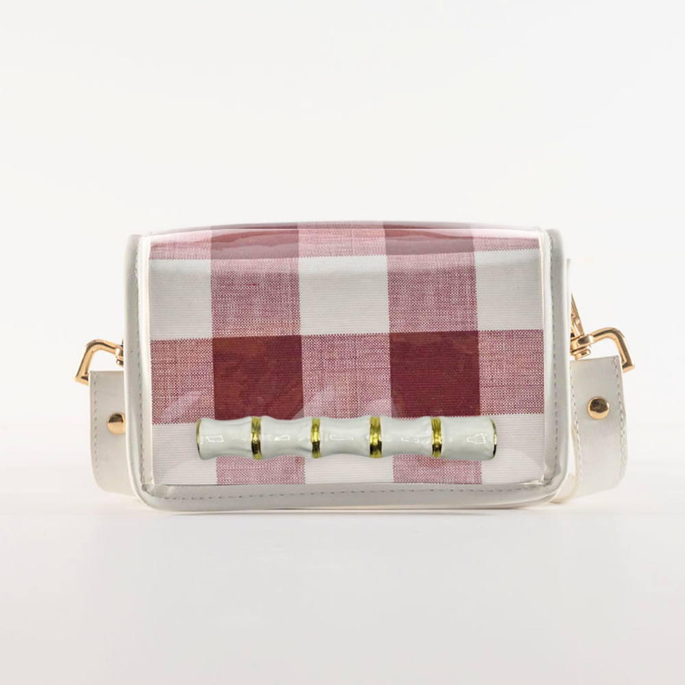 Petite Dark Red Buffalo Check Clear Stadium Bag with White Bamboo Stick