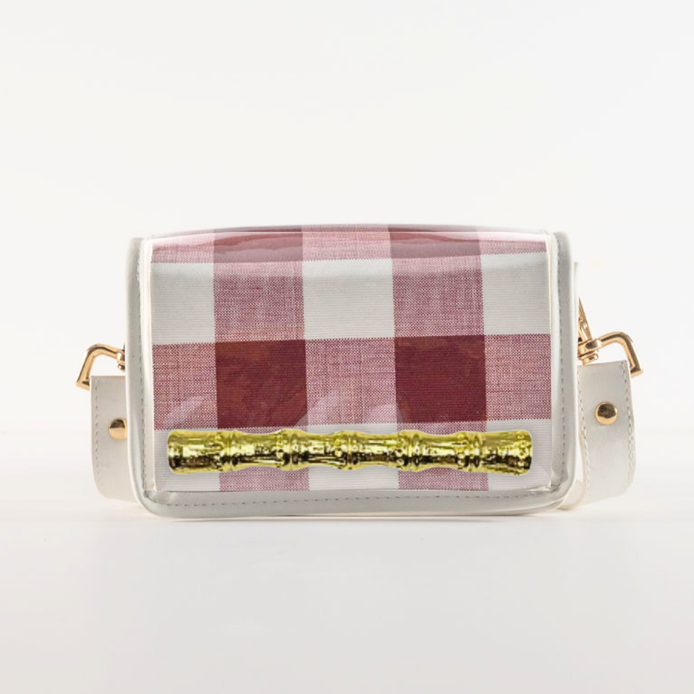 Petite Dark Red Buffalo Check Clear Stadium Bag with Gold Bamboo Stick