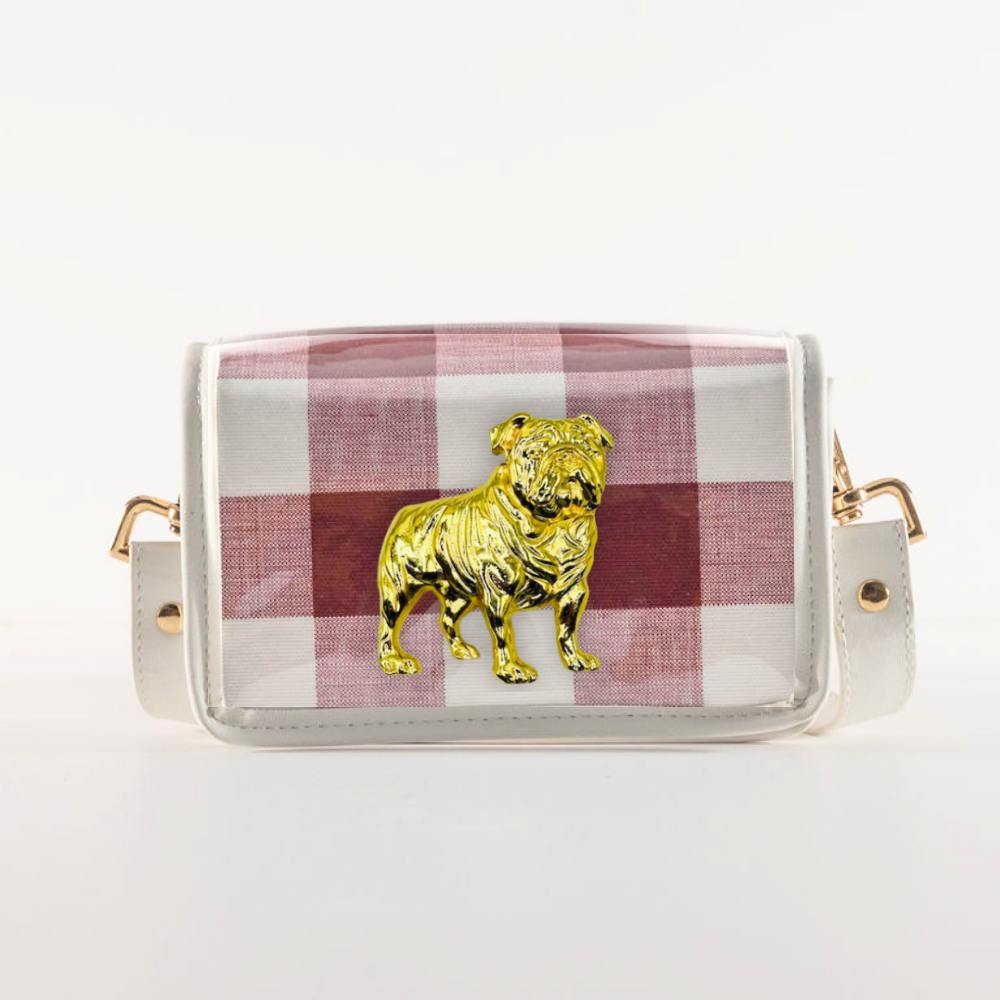 Petite Crimson Buffalo Check Clear Stadium Bag with Bulldog