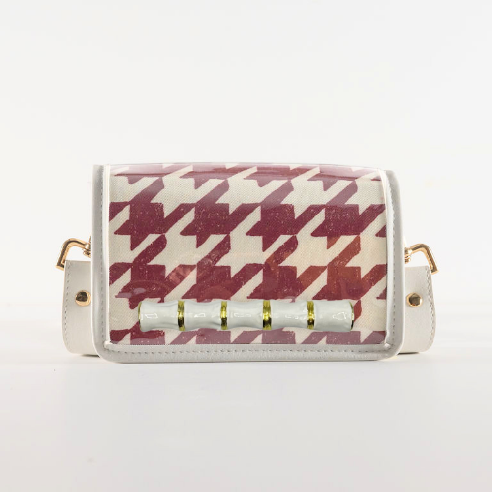 Petite Crimson Houndstooth Clear Stadium Bag with White Bamboo Stick(white trim)