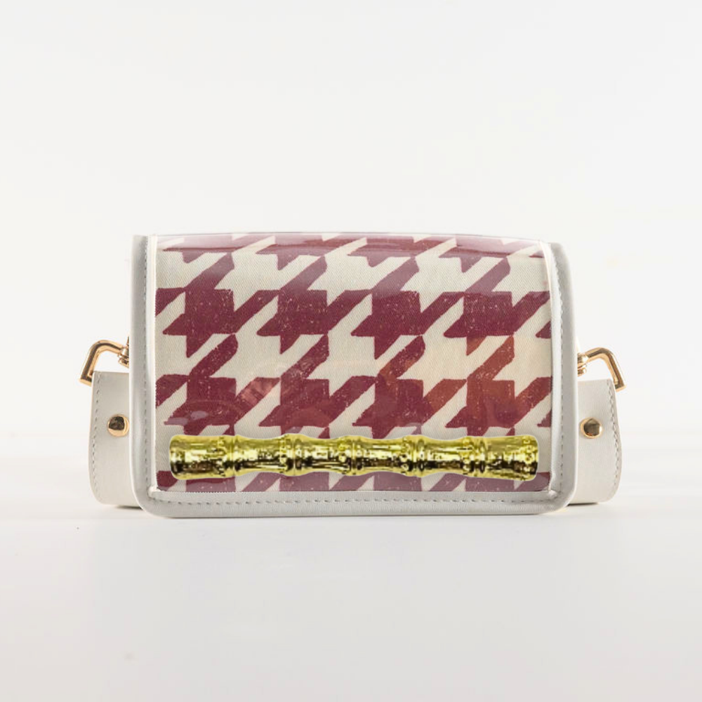 Petite Crimson Houndstooth Clear Stadium Bag with Gold Bamboo Stick(white trim)