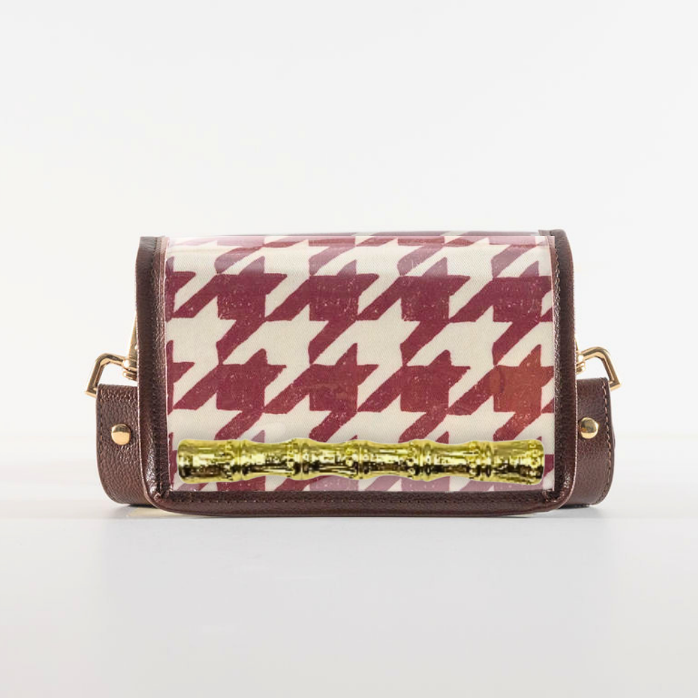 Petite Crimson Houndstooth Clear Stadium Bag with Gold Bamboo Stick