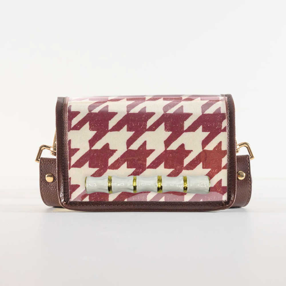 Petite Crimson Houndstooth Clear Stadium Bag with White Bamboo Stick
