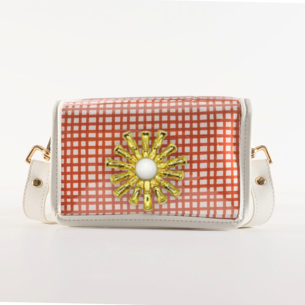 Petite Burnt Orange Grid Clear Stadium Bag with White Starburst