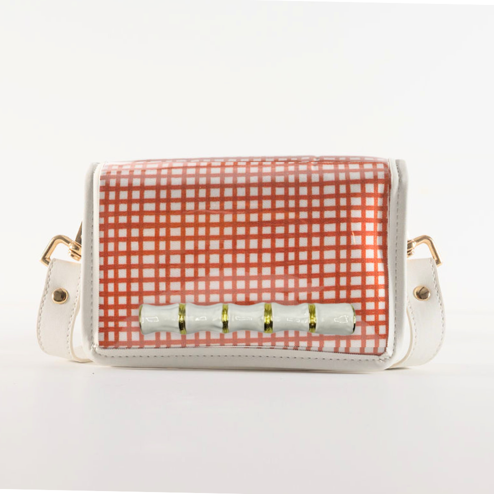 Petite Burnt Orange Grid Clear Stadium Bag with White Bamboo