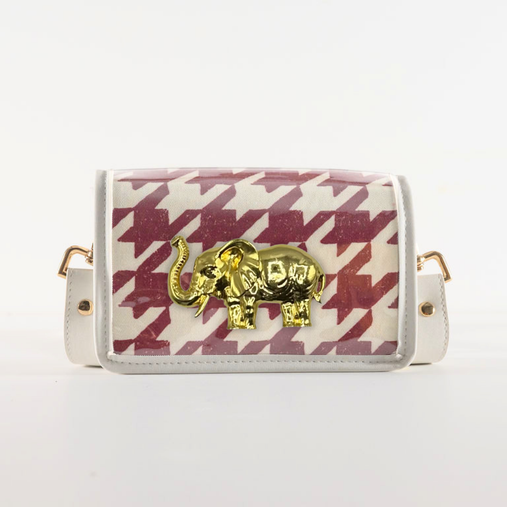 Petite Crimson Houndstooth Clear Stadium Bag with Elephant(white trim)