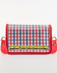 Petite Red and Blue Plaid Stadium Bag with Gold Bamboo Stick