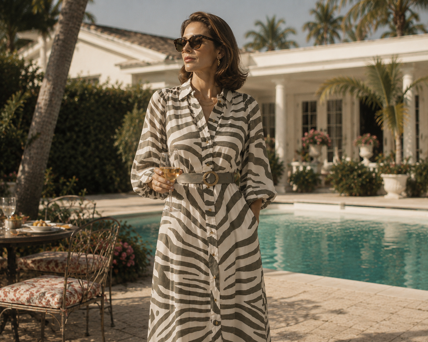 A woman wearing a beige and black zebra-print belted shirt dress stands by a swimming pool at a luxury estate, holding a drink.