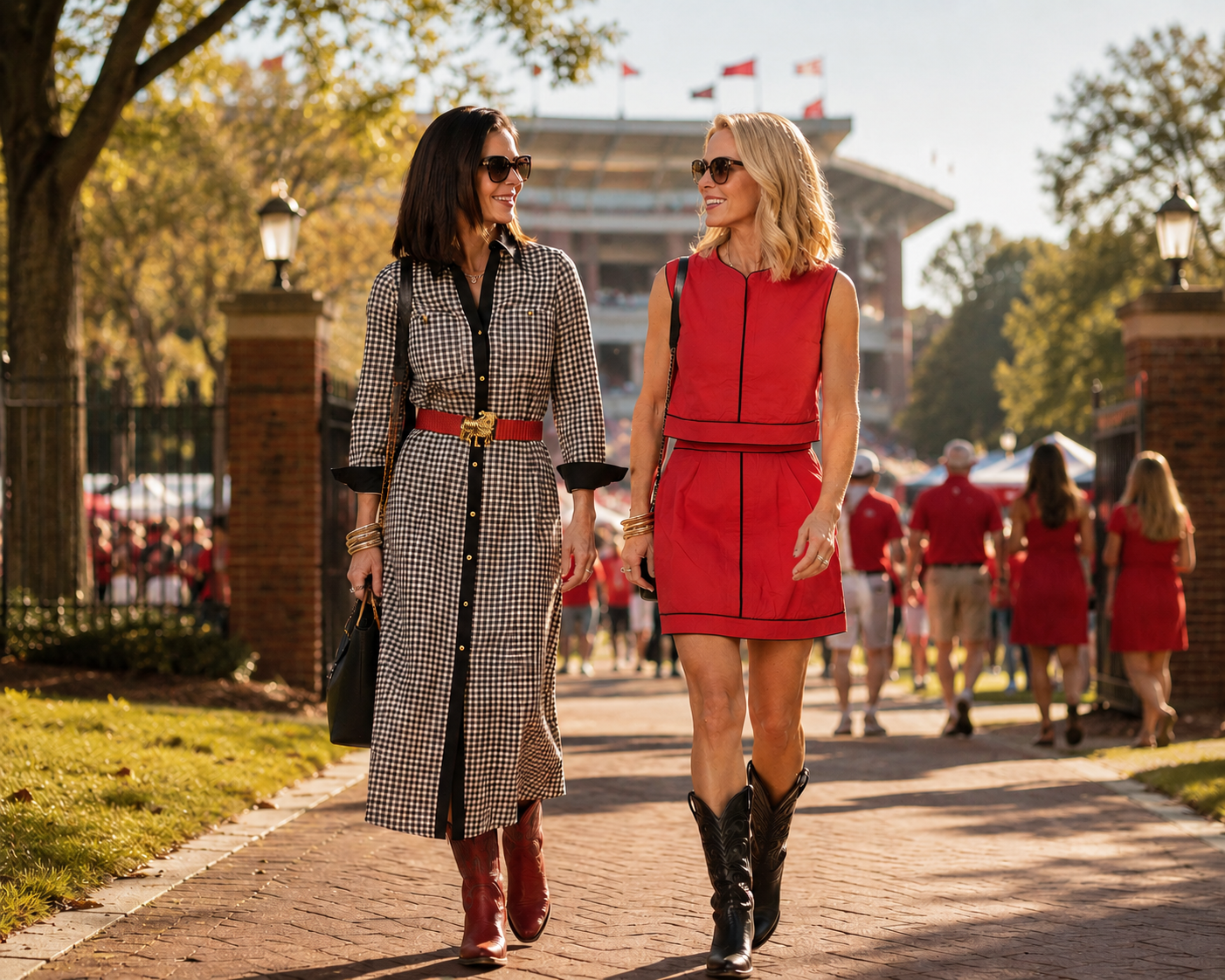 Two women walking and smiling outdoors on a sunny day, wearing stylish outfits. The woman on the left wears a black-and-white houndstooth long coat with a red belt and brown boots, while the woman on the right wears a bright red sleeveless dress with black trim and black cowboy boots.