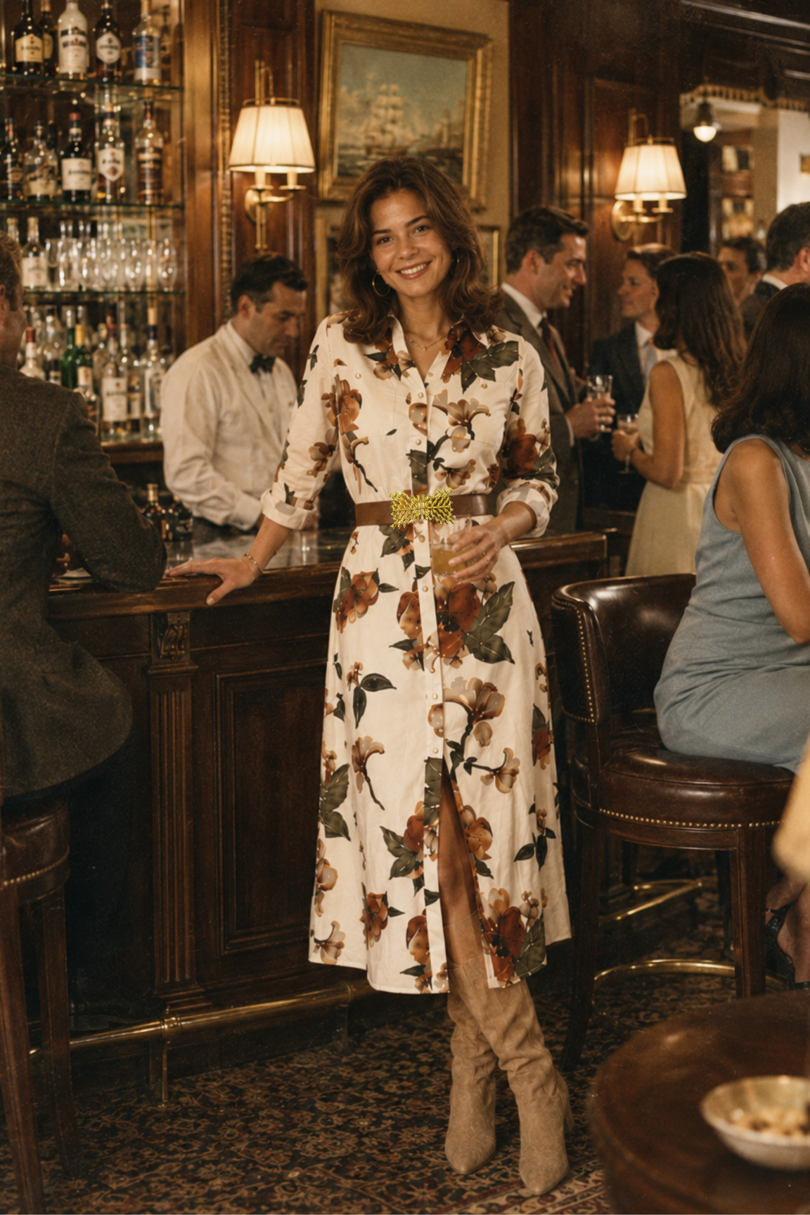 A woman stands in a dimly lit, upscale bar wearing a cream-colored midi shirt dress with a brown and green floral print, a gold belt, and beige knee-high boots.