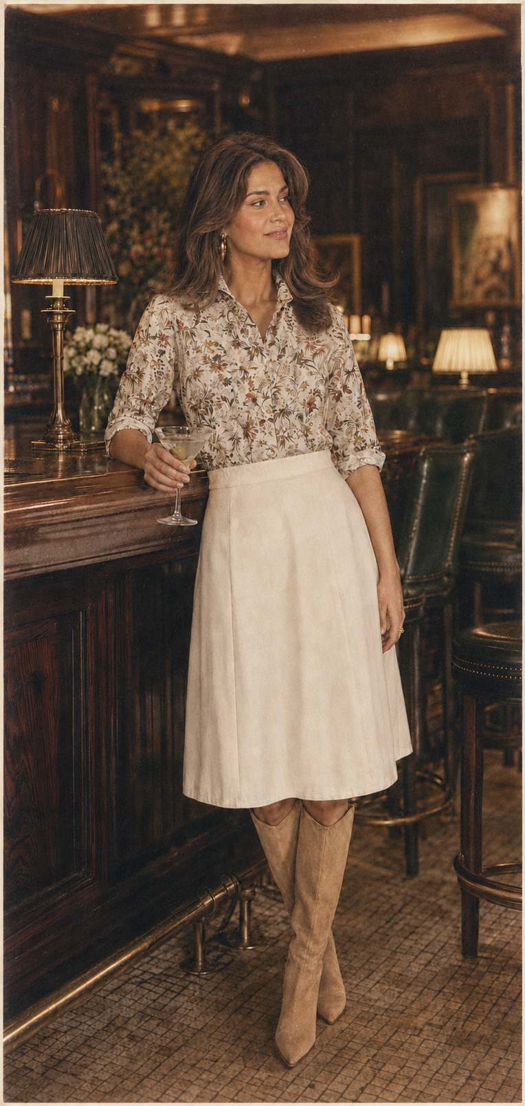 A woman stands in a dimly lit bar or lounge setting, wearing a floral long-sleeve blouse tucked into a cream pleated midi skirt with tan knee-high boots.