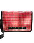 Red and White Grid Clear Stadium Bag with Black Bamboo Stick